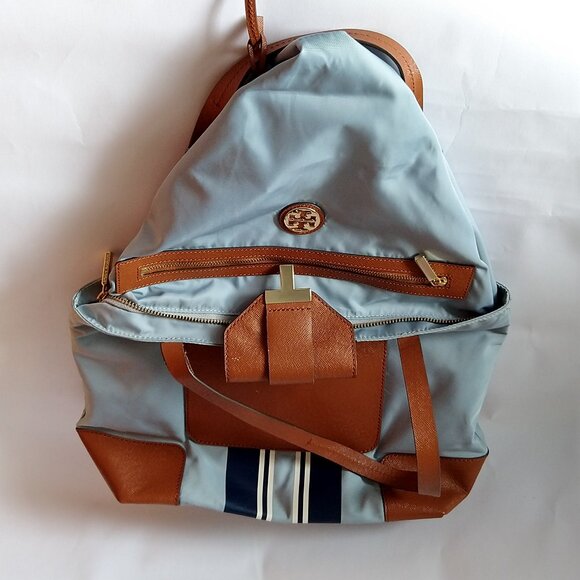 Tory Burch Penn Nylon Leather Tote Bag Purse Lt Blue Navy Key Ring - Picture 3 of 6